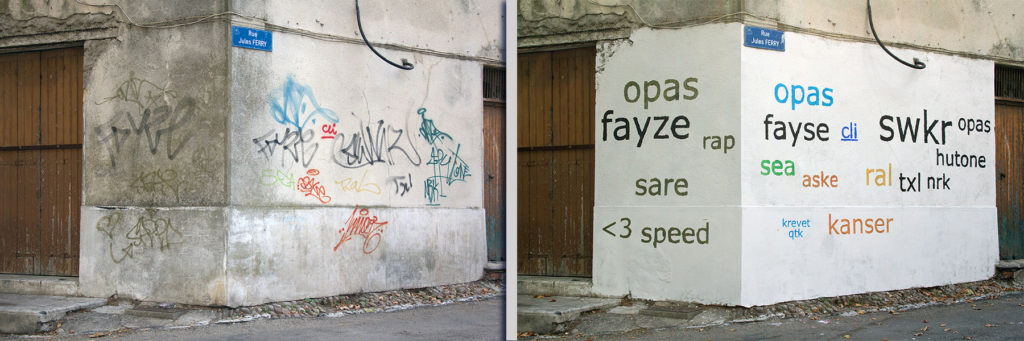 graffiti covered with a "Tag Cloud" by Mathieu Tremblin